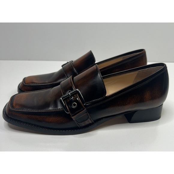 M.Gemi Scuola Loafer Brown Patina Leather Buckle Square Toe Low Heel Women's 41 - Picture 3 of 16